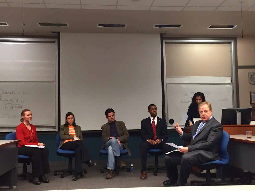Panelists spoke about their experiences during a discussion about diversity in war reporting. (Left to right: Alex Quade, Jackie Spinner, Alex Rodriguez, Cornell Wilson, Moderator Chris Bury)